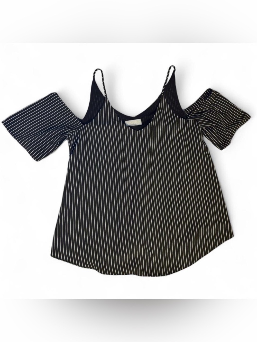 Asher Women’s Medium Striped Cold Shoulder Blouse Black & Gold Lined Flowy